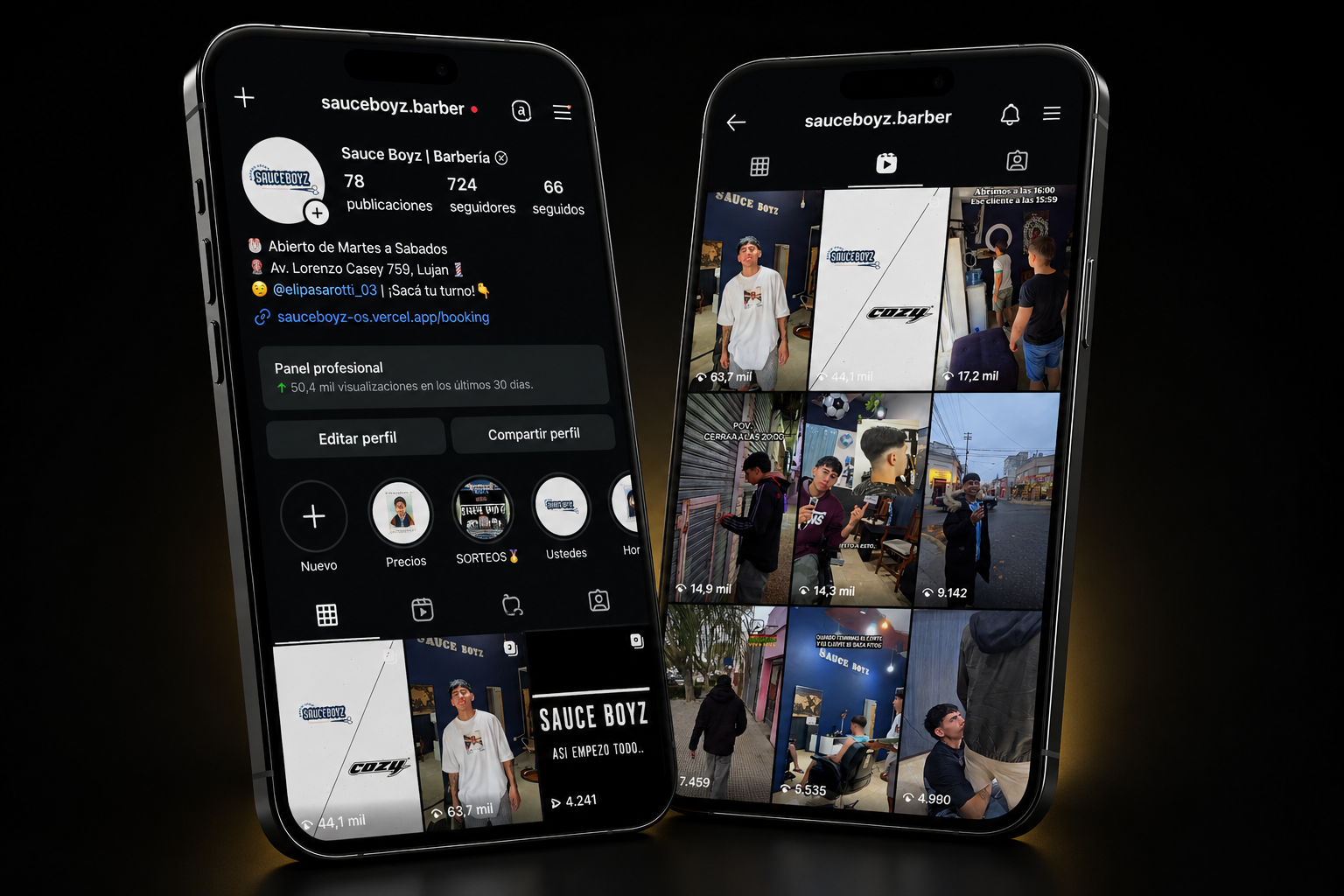 Instagram de SauceBoyz Barber presentado en dispositivos móviles