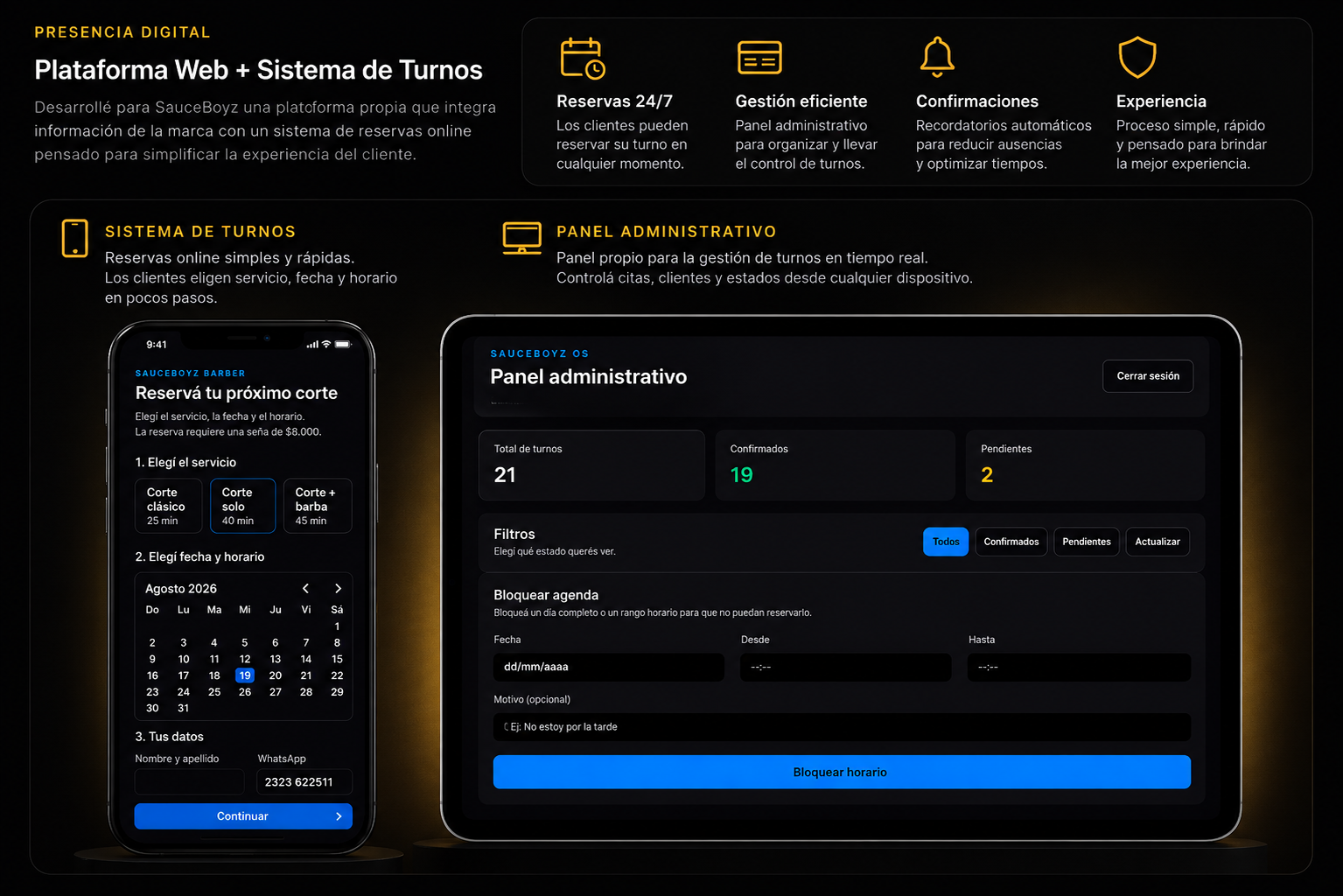 Plataforma web, sistema de turnos y panel administrativo de SauceBoyz Barber